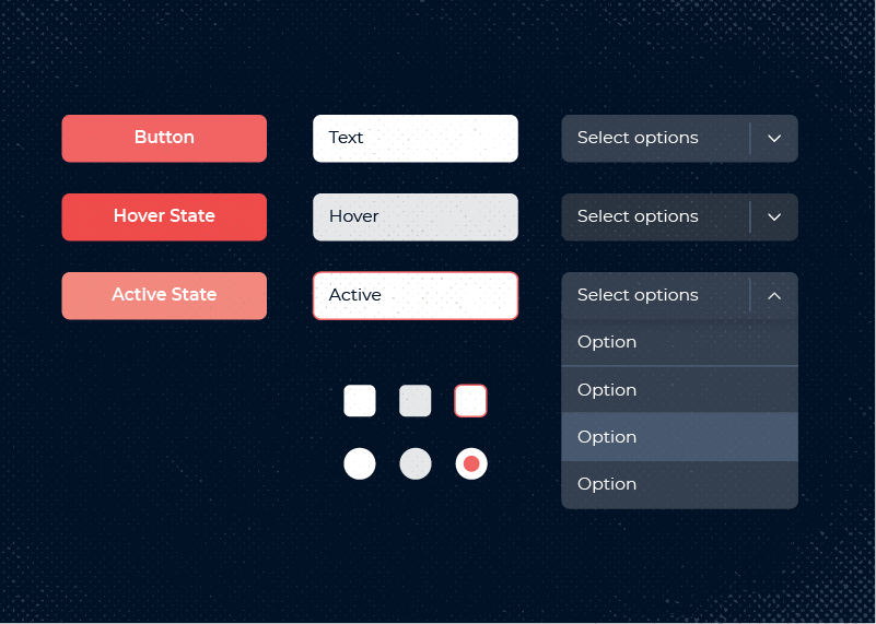 Graphical user interface with different states (default, on hover, pressed) of a button, input, checkbox, dropdown