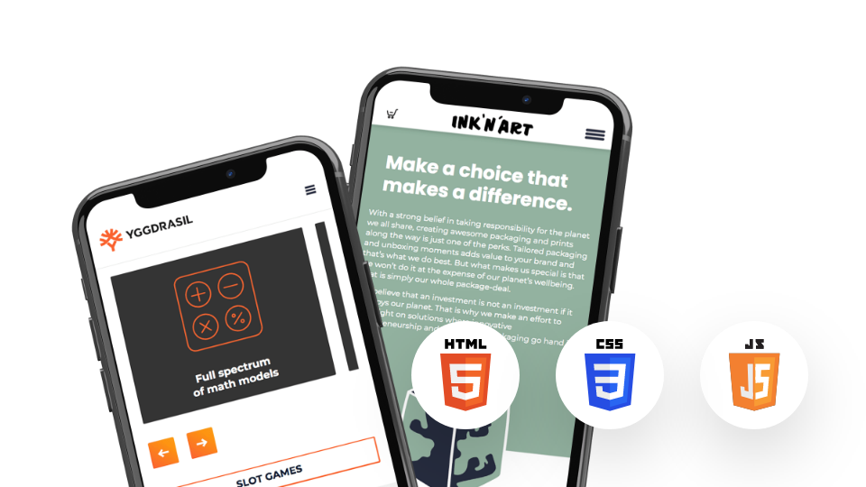 Inknart and Yggdrasil websites on mobile devices. HTML, CSS and JavaScript logos